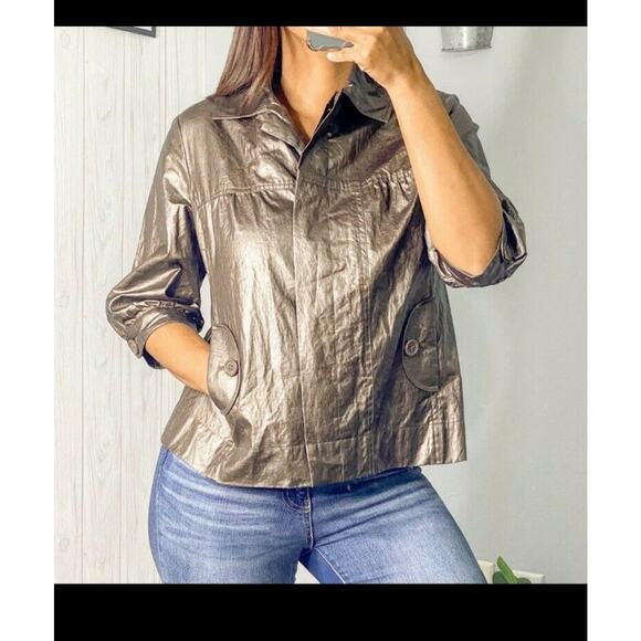 CHICOS 1 ( M ) Glossy Brown Coated Linen Casual Jacket 1/2 Sleeve FLAWS - Picture 4 of 10